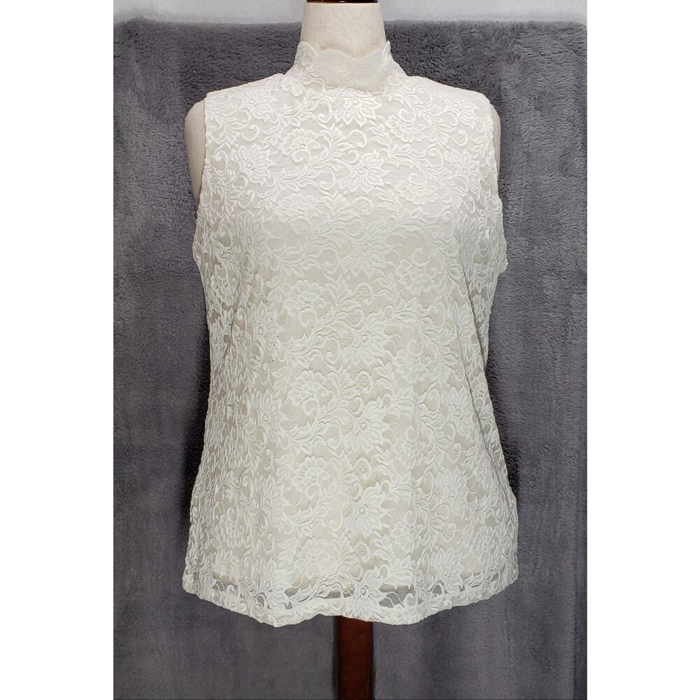 Susan Graver NWT Cream Floral Lace Mock Neck Sleeveless Blouse Large Elegant Top